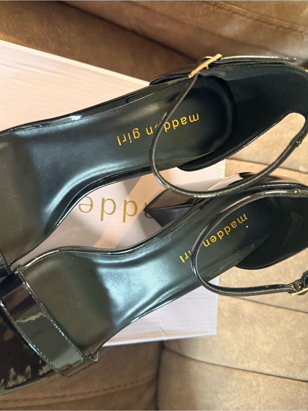 Madden Girl Black Patent Ankle-Strap Heeled Sandals